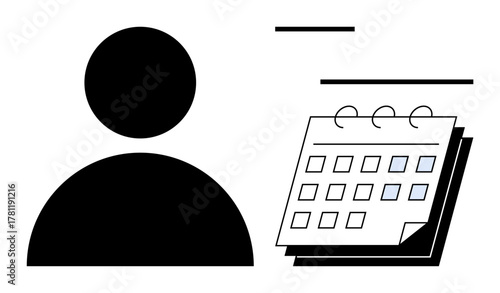 Silhouette of a person next to a hanging calendar with marked dates. Ideal for time management, scheduling, planning, productivity, organization, appointments, personal tasks. Simple flat metaphor