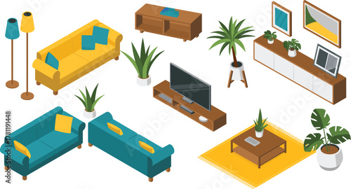 Modern living room, furniture set, interior design, home decor, stylish sofas, plants, coffee table, lamps, wall art, contemporary furnishings