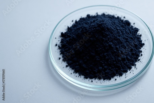 Dark cobalt oxide powder in a glass dish for laboratory and industrial material research