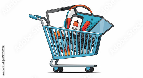 A shopping cart filled with various gadgets like a laptop, headphones and a phone, symbolizing online shopping