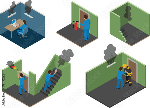 Fire safety, emergency evacuation, office fire prevention, workplace safety training, fire extinguisher use, emergency escape, smoke safety, firefighter rescue, safety awareness, disaster response