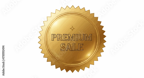 A detailed shot of a golden premium sale badge, meticulously crafted with intricate designs and a message of value and quality. This badge represents an offer of premium products at a reduced cost.