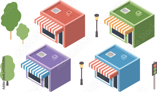 Isometric shops, colorful storefront buildings, 3D retail stores, small business design, urban marketplace, city shops, commercial area, modern architecture, vibrant street illustration