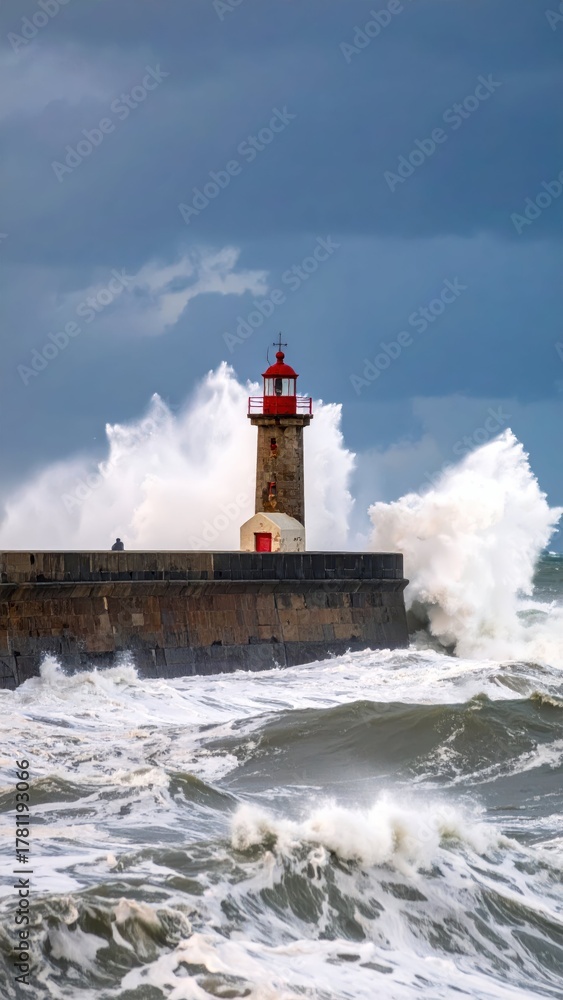 Fototapeta premium Historic lighthouse amid crashing waves under stormy sky