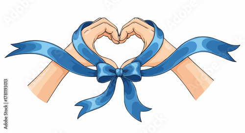 Hands forming a heart shape, beautifully adorned with a blue ribbon