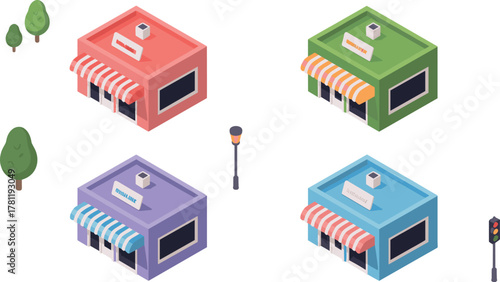 Isometric shops, colorful storefront buildings, 3D market illustration, small business exterior, city street shops, retail architecture, urban design, commercial stores, shopping area