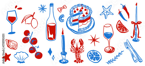  set hand drawn line art a glass of champagne Drink Celebrate Invitation Vintage event On Transparent Background happy birthday, candles, lobster, wine, lemon, summer for card invitations 