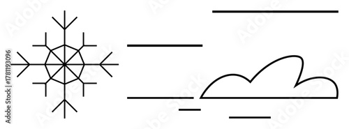 Geometric snowflake beside a cloud with linear wind patterns. Ideal for weather forecast, season, winter, minimalism, nature, climate change, abstract art. Simple flat metaphor