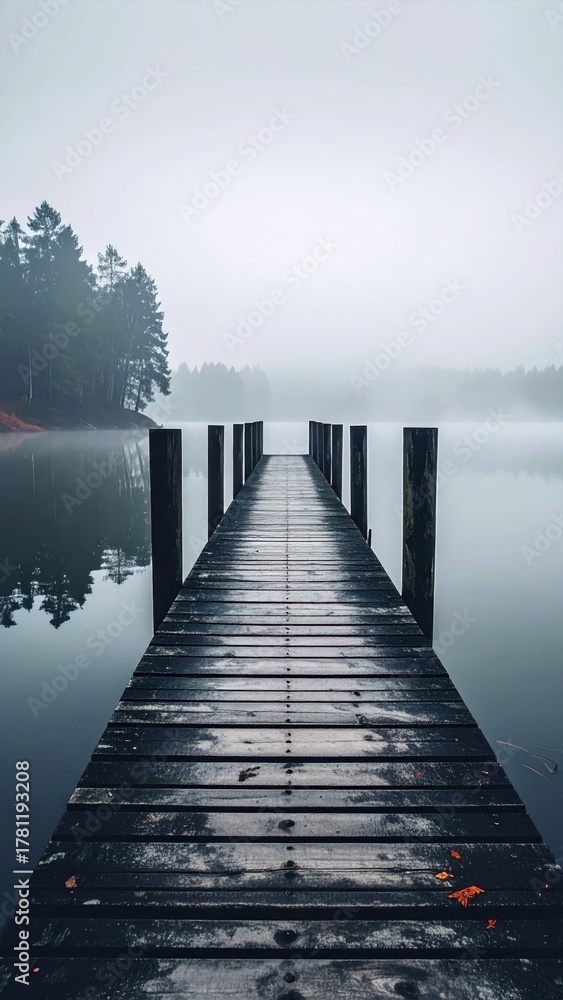 Fototapeta premium Tranquil Foggy Dock in Serene Lake Surrounded by Mysterious Forest