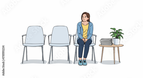 A woman sitting in a waiting room, looking anxious. She is surrounded by chairs and a small table with a plant and books