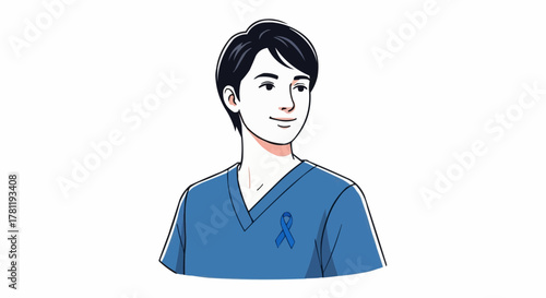 A portrait of a person wearing a blue ribbon, supporting the cause