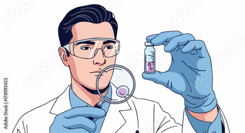 Scientist examining medical vial and magnifying sample with meticulous care and concentration