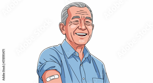 Vaccinated Senior Citizen with a Happy Smile and Bandage on Arm