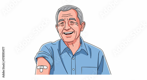 An elderly man smiles with bandage on his arm, representing immunization