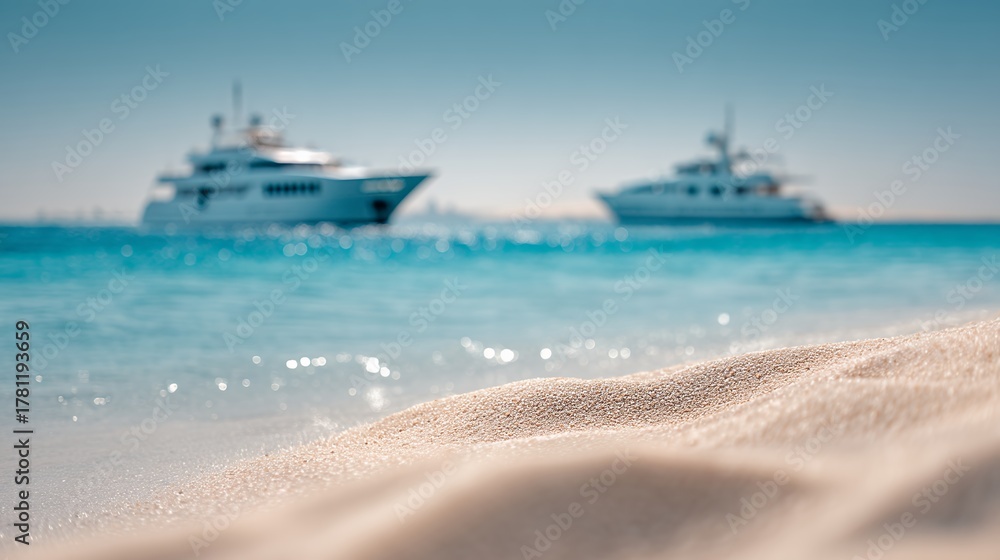 Obraz premium two yachts anchored off sandy beach coast