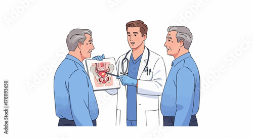 A doctor is explaining about medical checkup results to two patients. The scene shows a health care, medical, professional environment