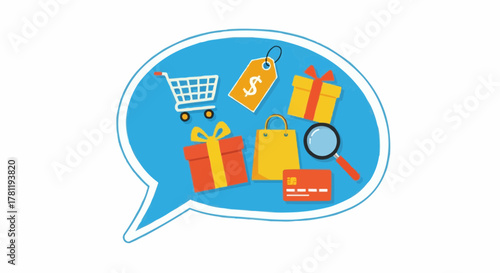 Online Shopping concept with gift boxes, shopping cart, tag, and credit card in speech bubble