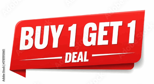 A red banner design for a buy one get one deal promotion with text. The banner appears to be made of a red material, potentially ribbon or fabric. The words BUY 1 GET 1 DEAL are prominently displayed