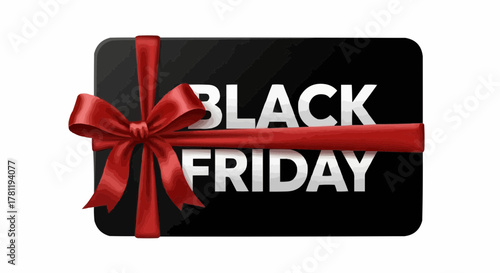 Black Friday gift card with a red ribbon on the black background. Ideal for a holiday season shopping