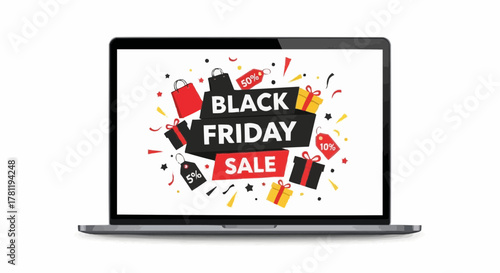 Laptop with Black Friday Sale advertisement on screen, promoting shopping event