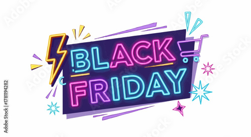 Bright and colorful Black Friday design with neon light effect 