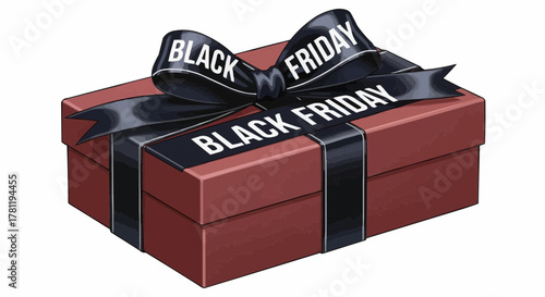 A gift box with a black friday ribbon. The box is adorned with a ribbon that has the text Black Friday printed on it