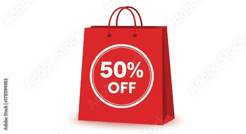 A red shopping bag with a prominent 50% OFF sale sign