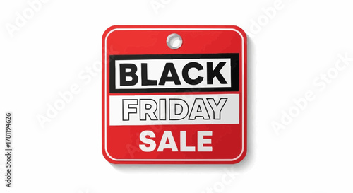 Black Friday sale tag on red tag with words sale on it. The tag has the word Black Friday and Sale printed