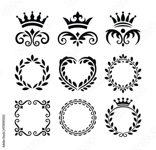 Heraldic crowns leaf wreaths circular borders and square frames vector illustration graphic elements set.