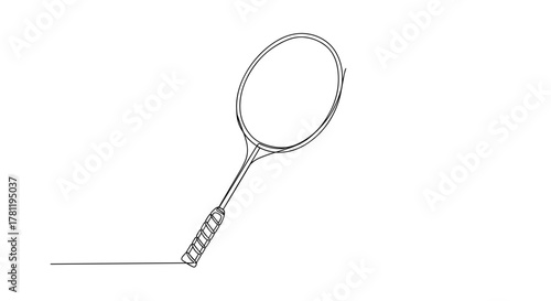 Badminton racket on white background, minimal line drawing style  