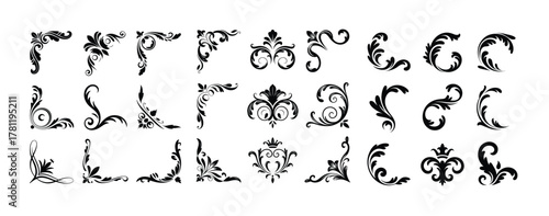 Ornamental corner vector illustration set calligraphic flourishes for page frames and border design