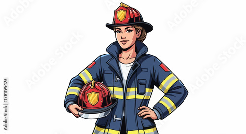 Strong female firefighter stands proud, wearing uniform, ready for action