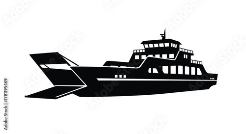 Black silhouette of a ferry boat with a lowered ramp design