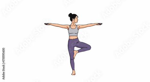 A woman strikes a yoga pose, demonstrating balance and mindfulness. She is in the tree pose, with arms extended and one leg raised