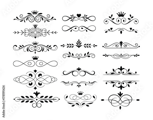 Vintage royal dividers and flourishes vector illustration set for typography and text decoration isolated.
