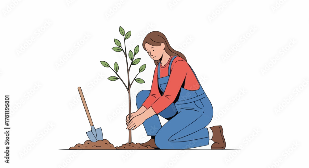 Fototapeta premium A woman planting a young tree in the soil