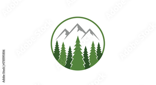 A circular logo featuring a stylized mountain range with snow-capped peaks above a dense forest of evergreen trees.