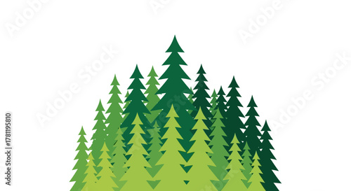 A stylized graphic illustration of a dense cluster of green pine trees, showcasing various shades of green against a clean white background.