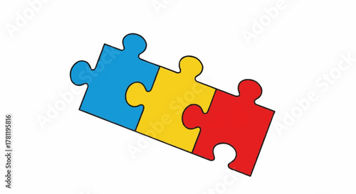 Three colorful puzzle pieces, blue, yellow, and red, interlocked to symbolize cooperation