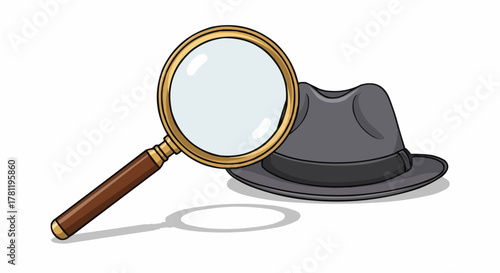 A magnifying glass examines a fedora, hinting at mystery and investigation