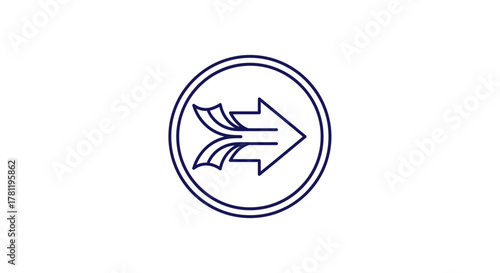 Illustration of a right-pointing arrow with three tails inside a double circle.