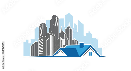 A stylized illustration of a modern cityscape with a prominent blue-roofed house in the foreground, symbolizing real estate and urban development.
