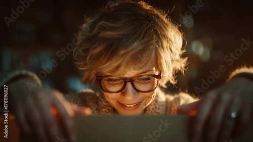 Happy Child Using Laptop at Night with Warm Light and Curiosity Expression