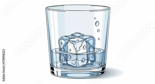 A glass of refreshing ice water, with an ice cube. Clear water, a symbol of hydration
