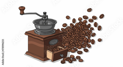 Vintage coffee grinder with coffee beans scattered around it. The image captures the essence of fresh coffee preparation