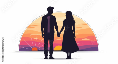 Silhouettes of a couple holding hands with a sunset background, symbolizing love and companionship. The couple is silhouetted against a beautiful sunset, capturing a moment of serenity