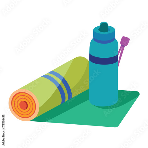 Yoga mat with a water bottle and towel.