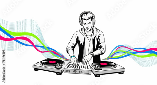 A DJ mixing music with headphones and turntable, with colorful line on background