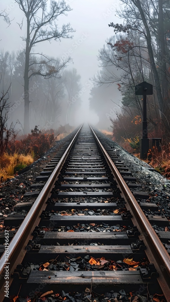 Fototapeta premium Foggy Railway Track Surrounded by Trees and Autumn Foliage Landscape