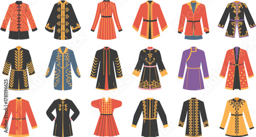 Traditional clothing designs, embroidered coats, cultural garments, ethnic outfits, folk fashion, heritage clothing, colorful traditional robes, cultural attire, ethnic costume illustration